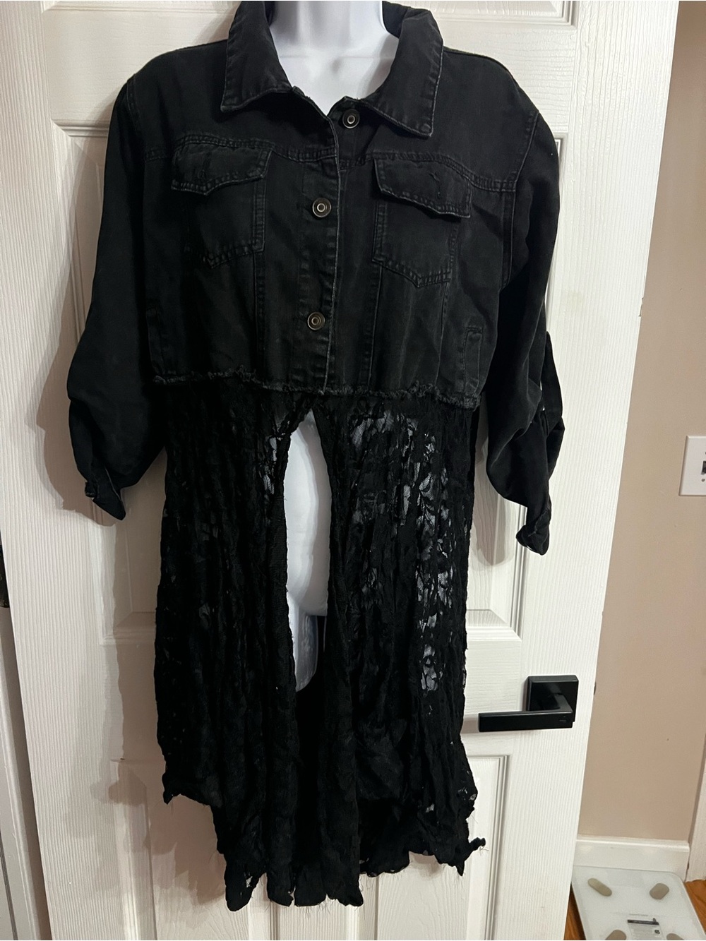 Black Distressed Lace-Trim Jean Jacket Size L/XL